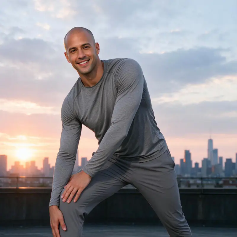 A fictional fitness creator with a shaved head stretching on a rooftop at sunrise in grey training clothes