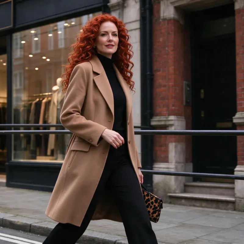 A fictional fashion creator with long red curly hair in a camel coat walking past shop windows