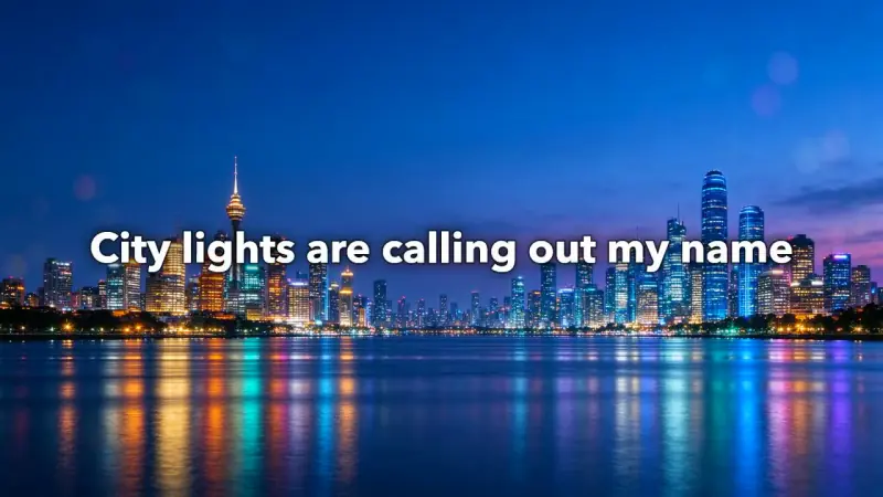 Lyric video: white lyric lines over a glowing city skyline at blue hour reflected in a river