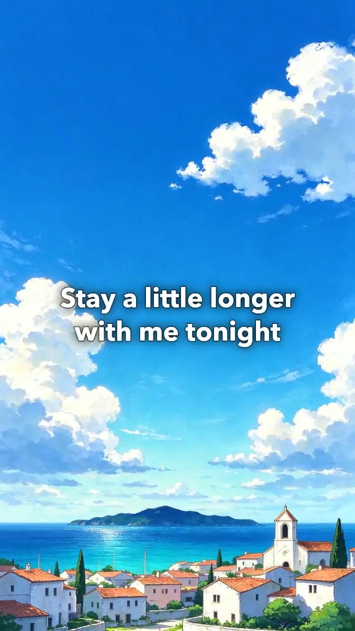 Vertical lyric video: white lyric lines over a painted summer sky above a seaside town