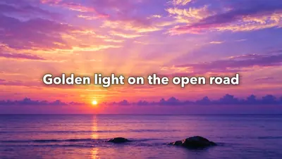 A lyric line in white over a purple and orange sunset sky