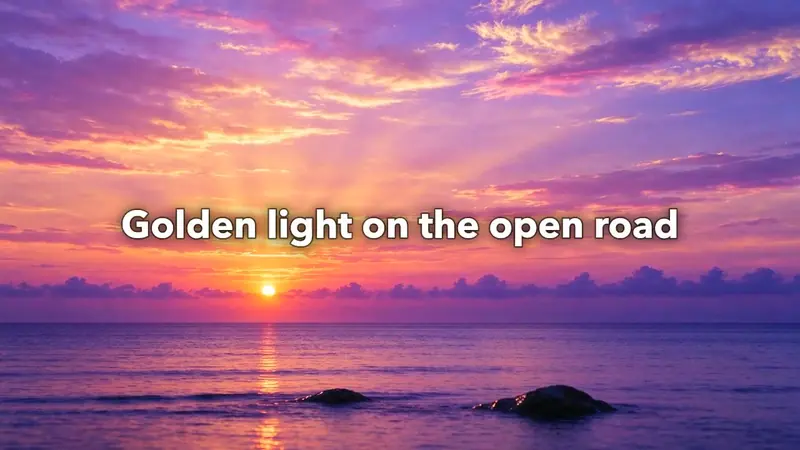 Lyric video: white lyric lines over a glowing purple and orange sunset sky above the sea