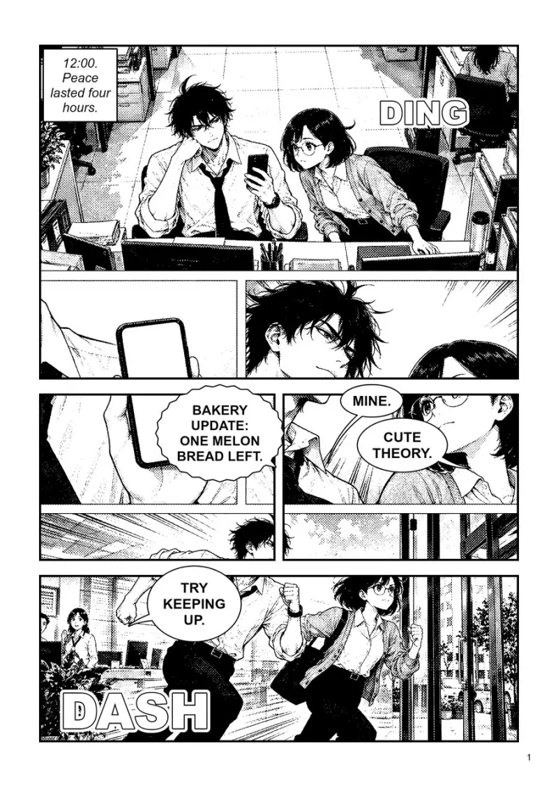 Manga page: two office workers see a bakery alert on a phone and dash out of the office
