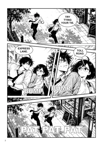 Manga page: the two rivals race down the street, shoving each other