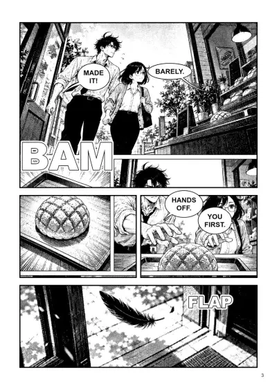 Manga page: they burst into the bakery and both reach for the last melon bread