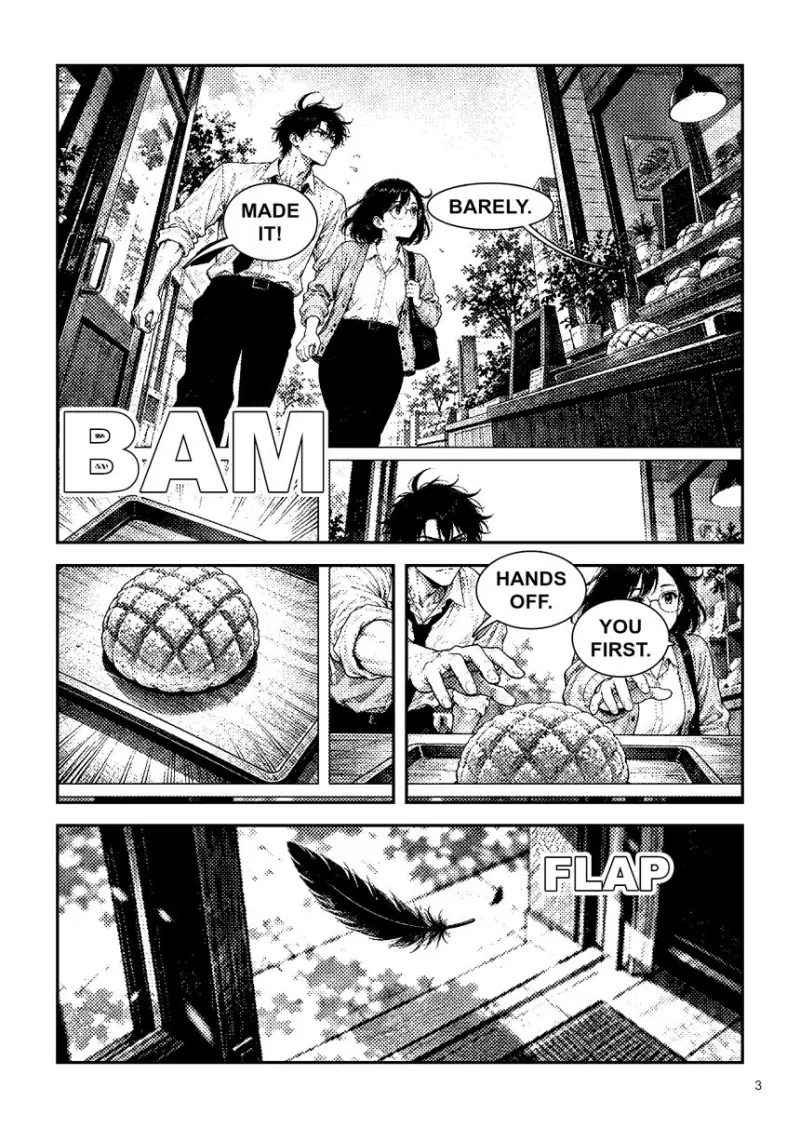 Manga page: they burst into the bakery and both reach for the last melon bread