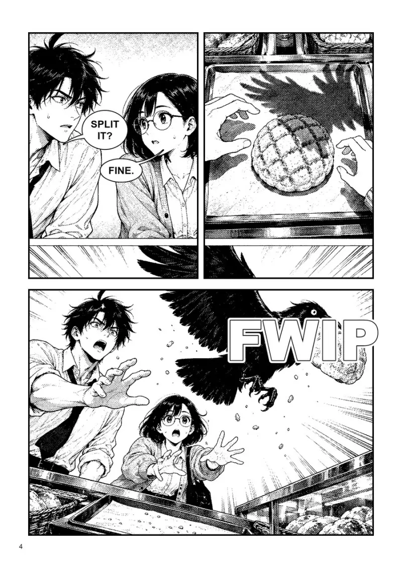 Manga page: they agree to split it, then a crow swoops in and steals the bread