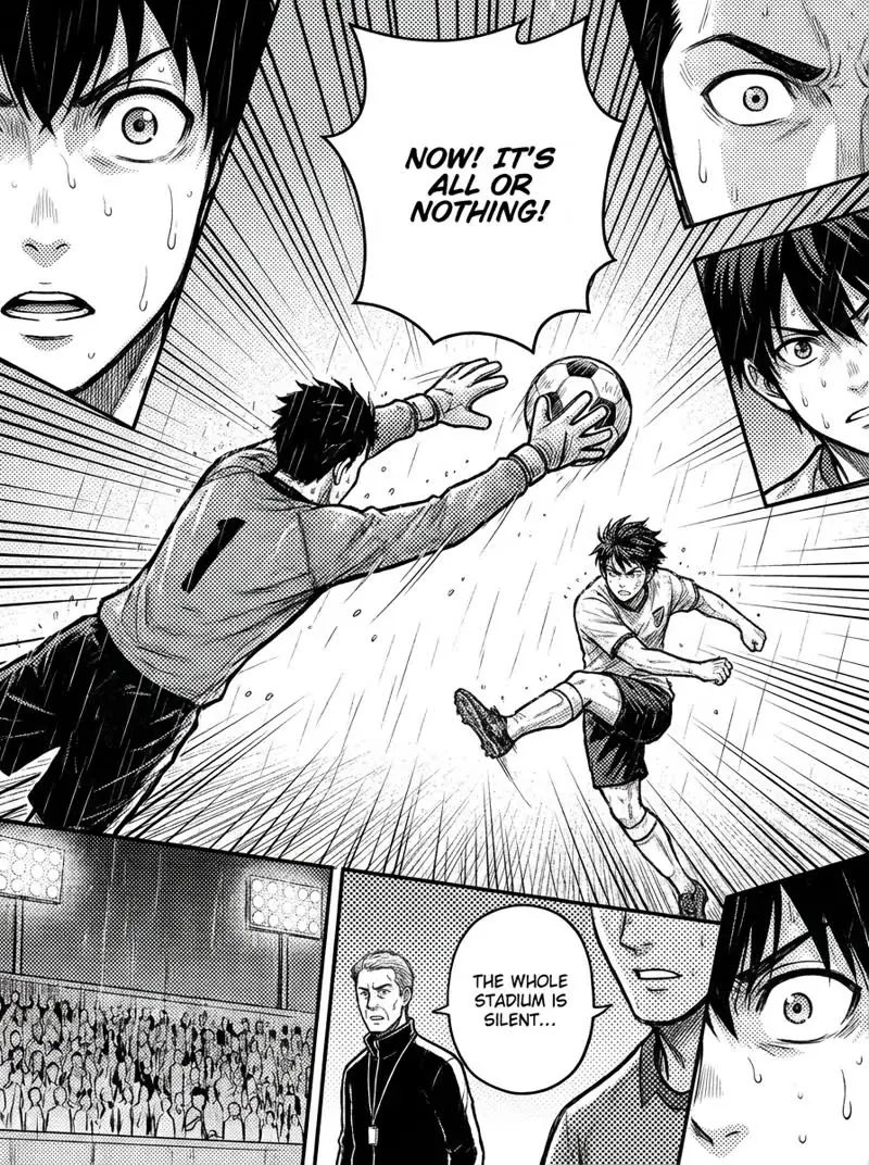 Manga page: a goalkeeper dives for a penalty in the rain while the stadium watches