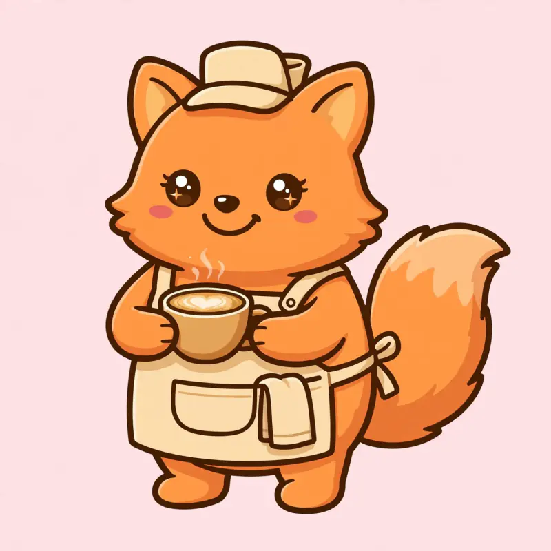 Cartoon mascot of a round orange fox barista in an apron holding a coffee cup, on a pastel pink background