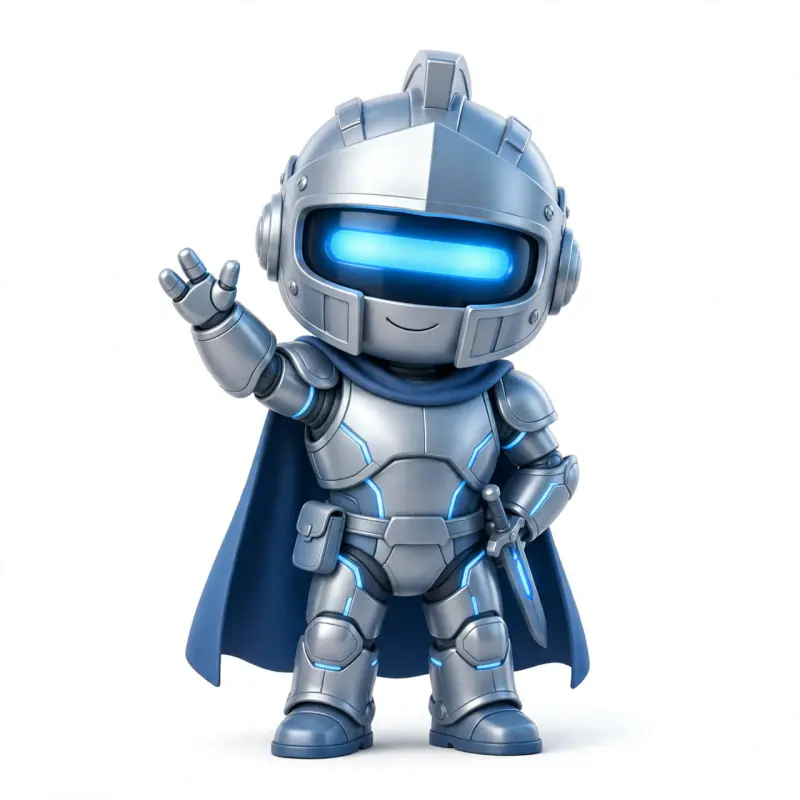 Cute 3D mascot of a small robot knight with a glowing blue visor and a blue cape, waving