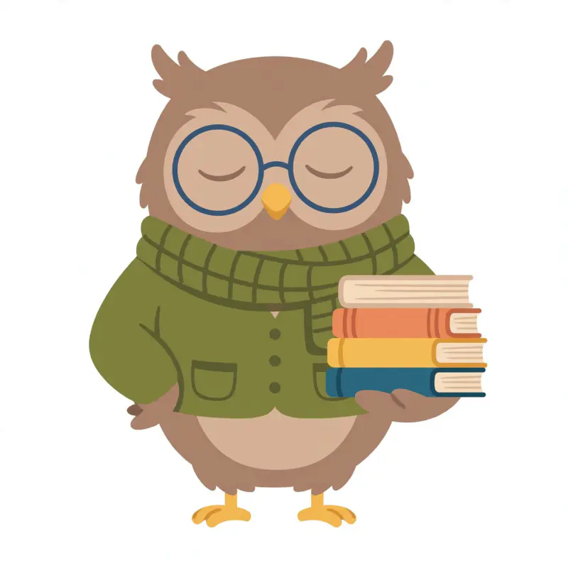 Flat illustration mascot of a sleepy owl with round glasses and a scarf holding a stack of books