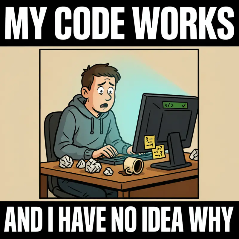 Cartoon meme: a programmer at a desk, caption MY CODE WORKS AND I HAVE NO IDEA WHY