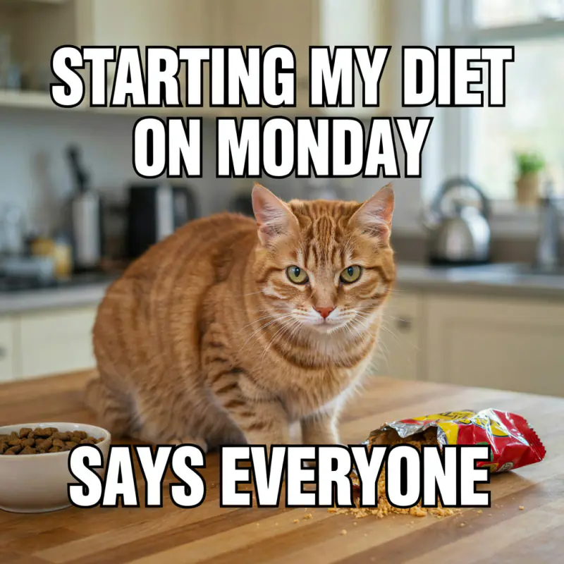 Photo meme: a ginger cat on a kitchen counter, caption STARTING MY DIET ON MONDAY SAYS EVERYONE