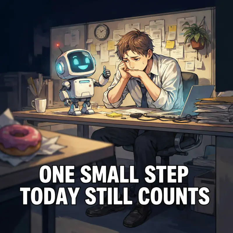 Anime meme: a small robot cheers up a tired office worker, caption ONE SMALL STEP TODAY STILL COUNTS