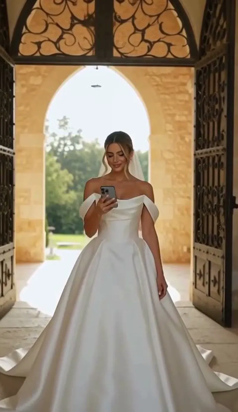 A bride in a white satin gown reads a message on her phone in the open doors of a sunlit stone chapel, then lifts her eyes with a knowing smile