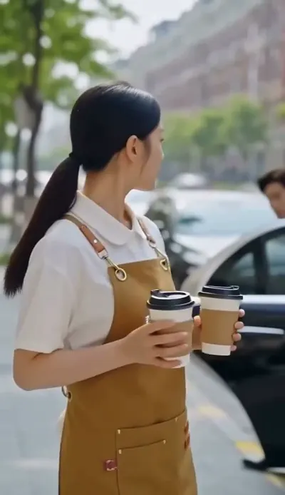 A cafe worker in a mustard apron holding two coffee cups turns as a tall man in a navy suit steps out of a black car