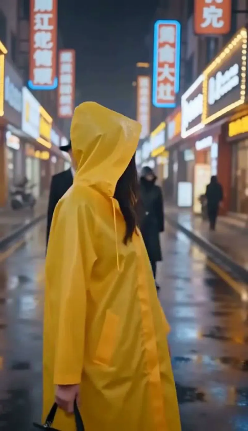 A woman in a yellow raincoat on a rainy neon-lit street looks back at a man in a hat who is following her