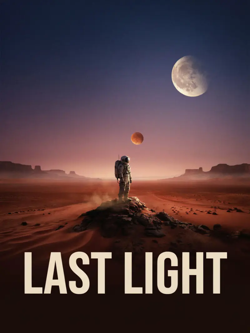 Sci-fi movie poster titled Last Light: a lone astronaut on a red desert planet under a moon
