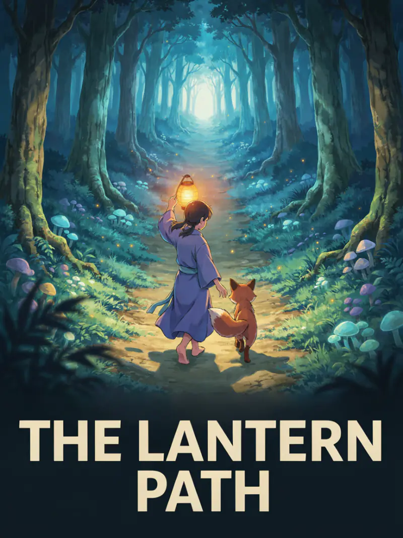 Anime film poster titled The Lantern Path: a girl and a small fox walk into a glowing forest