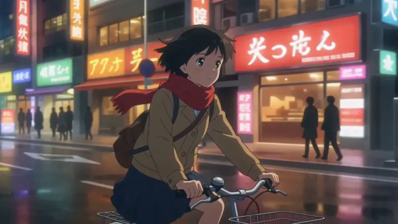 A frame from the music video tool's example: a girl in a red scarf rides a bicycle through a neon city in the rain, in the anime look