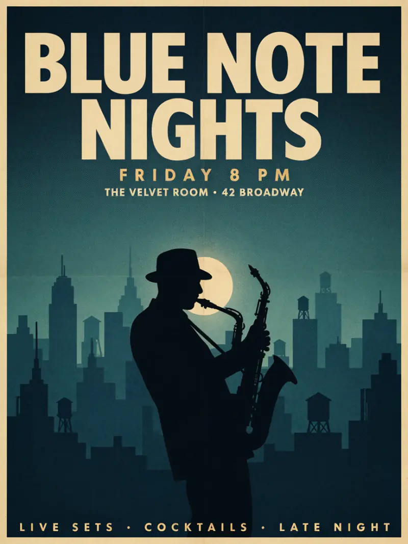 Vintage jazz poster titled Blue Note Nights with a saxophone player silhouetted against a blue city skyline