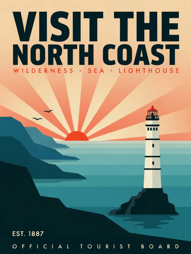 Bold graphic travel poster titled Visit the North Coast with a lighthouse on a rocky coast at sunrise