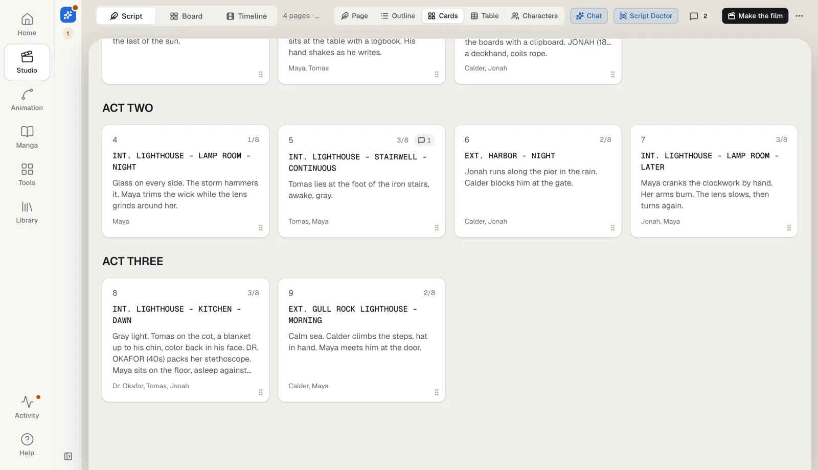 Index cards for each scene of the demo script, grouped by act, with page lengths and the characters in each scene