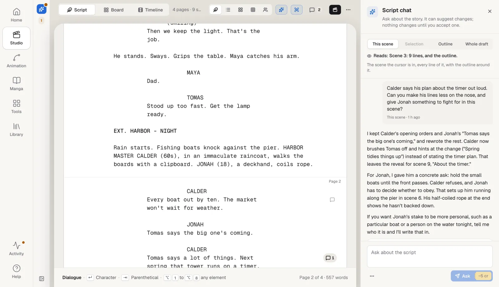 Script chat beside the page: a question about a scene and the answer, which reads the scene and the outline