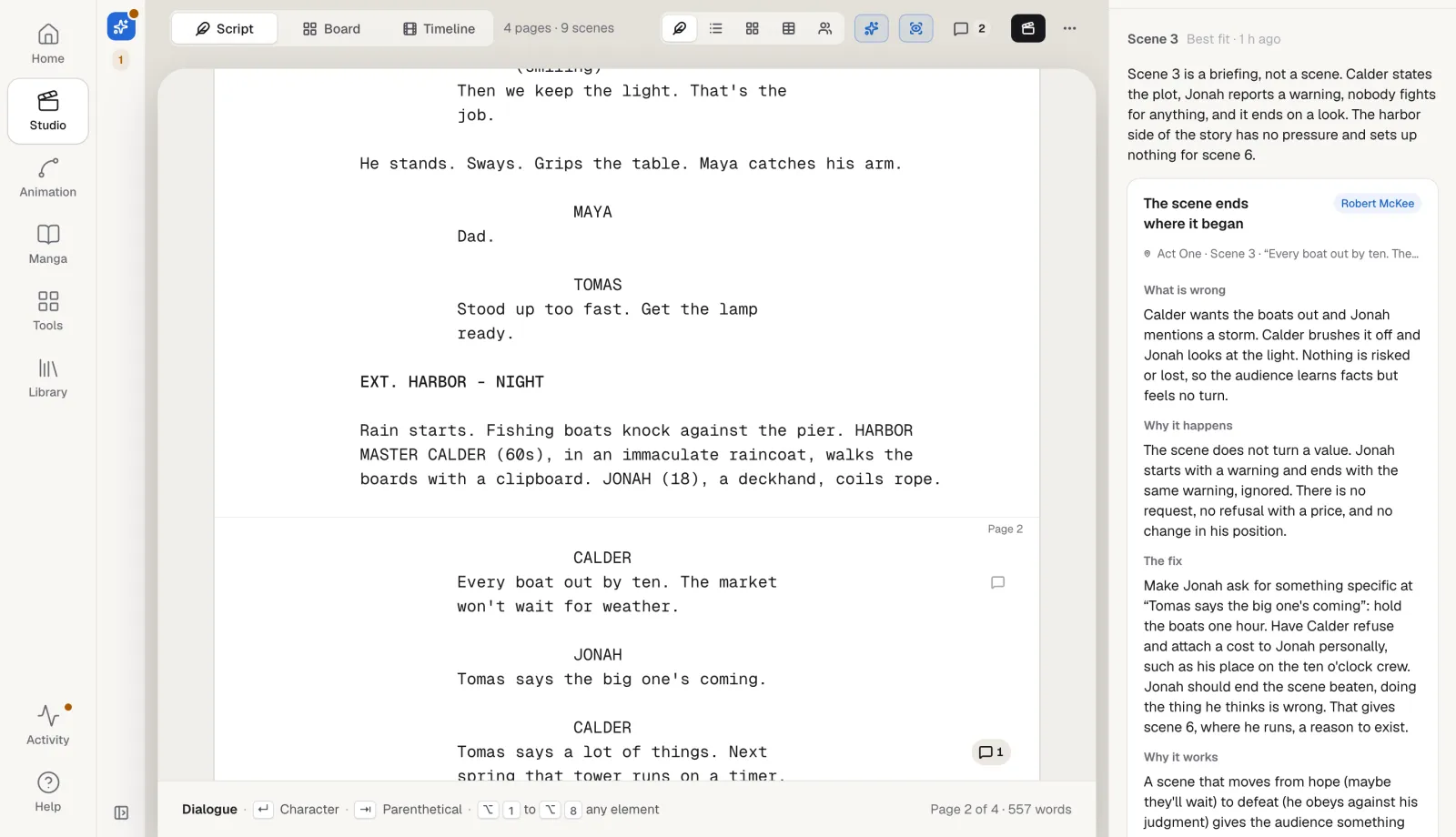 A scene from the demo script on the left and a note from the AI Script Doctor on the right: what is wrong, why it happens, the fix and why it works