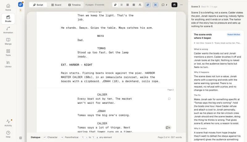 The AI Script Doctor beside a script: a note that says where a scene ends where it began, with the fix