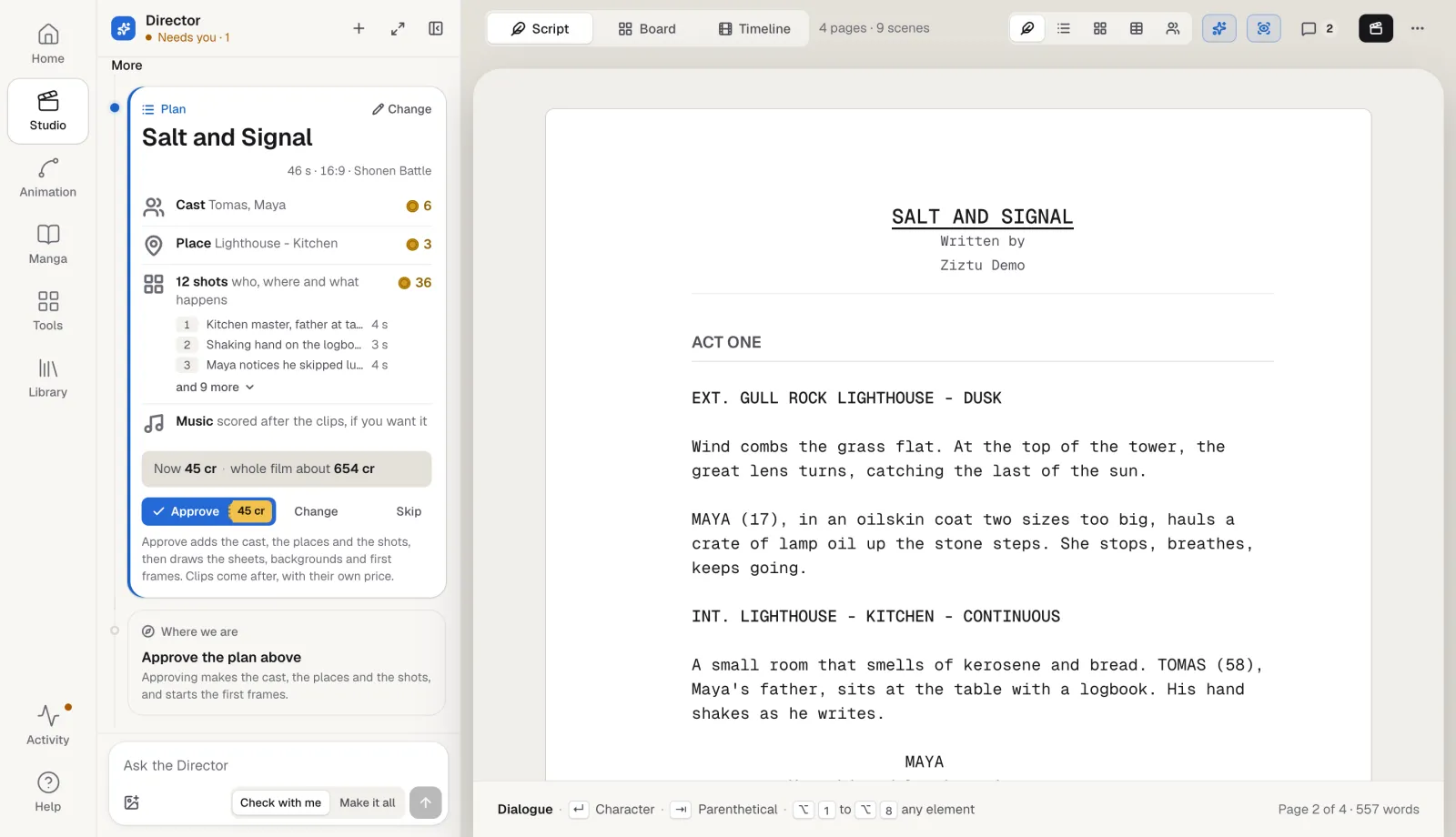 A shot plan of twelve shots for one scene waiting for approval in the Director, next to the script page