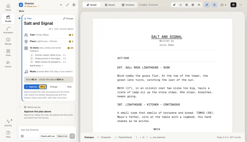 The Director plan card for a script: cast, place, 12 shots and the price of approving it