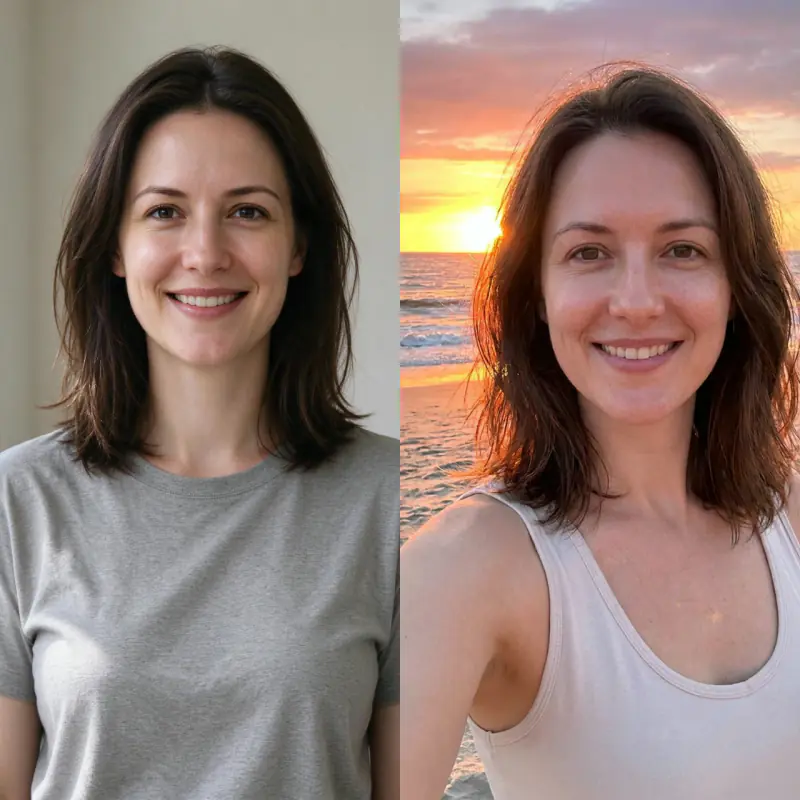Before and after: a woman in a grey t-shirt indoors, then a selfie of the same woman on a beach at sunset