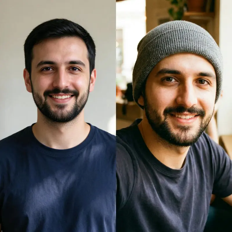 Before and after: a man in a navy t-shirt, then a selfie of the same man in a grey beanie in a cafe
