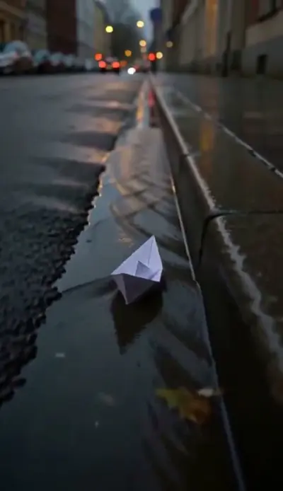 A vertical clip of a paper boat floating away down a rain-filled gutter on a city street at dusk