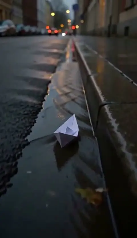 A vertical clip of a paper boat floating away down a rain-filled gutter on a city street at dusk