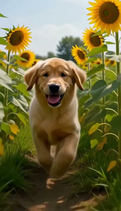 A vertical clip of a golden retriever puppy running toward the camera through tall yellow sunflowers