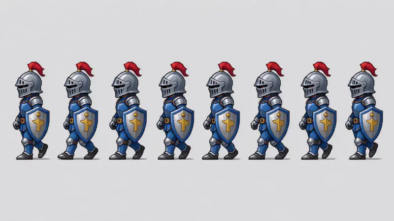 Sprite sheet: a small knight in blue armor walking, eight frames in a row