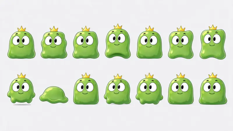Sprite sheet: a green slime with a tiny crown bouncing and squashing, two rows of frames
