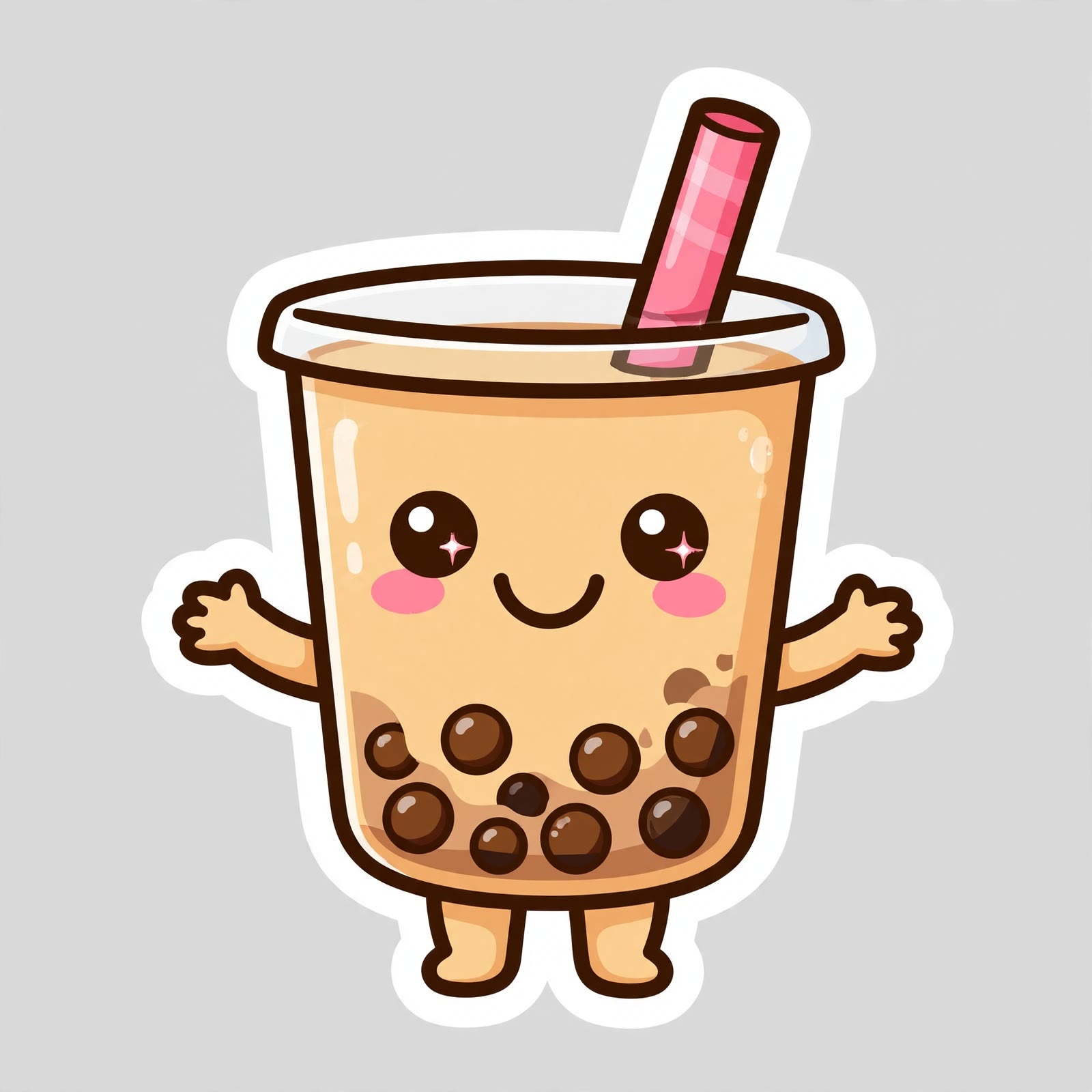 Kawaii sticker of a smiling cup of boba tea with tiny arms and legs, with a thick white border