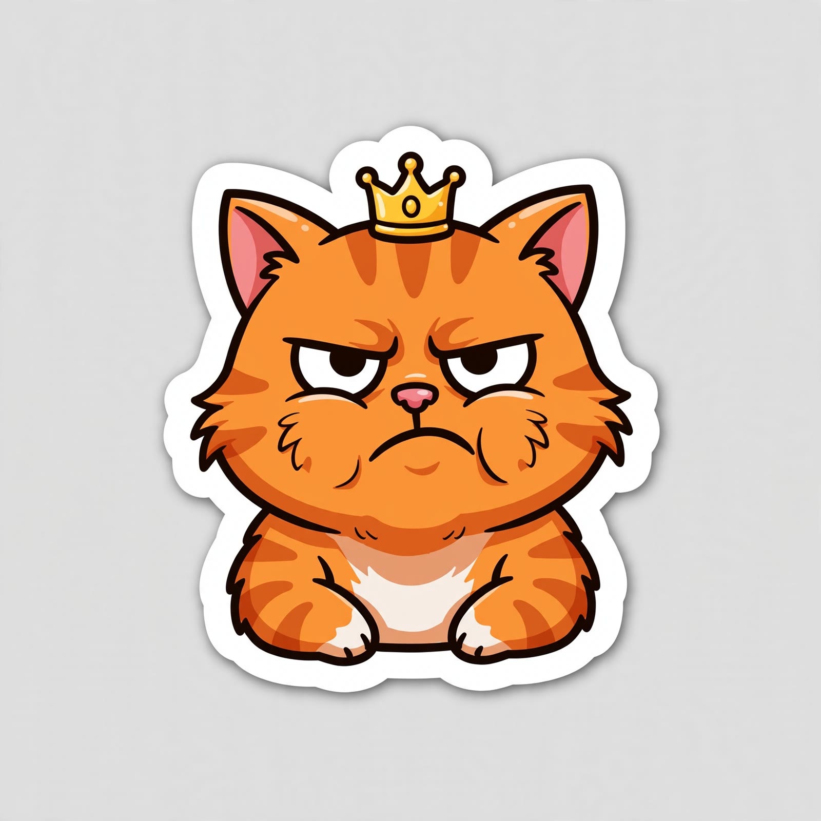 Cartoon sticker of a grumpy orange cat wearing a tiny gold crown, with a thick white border