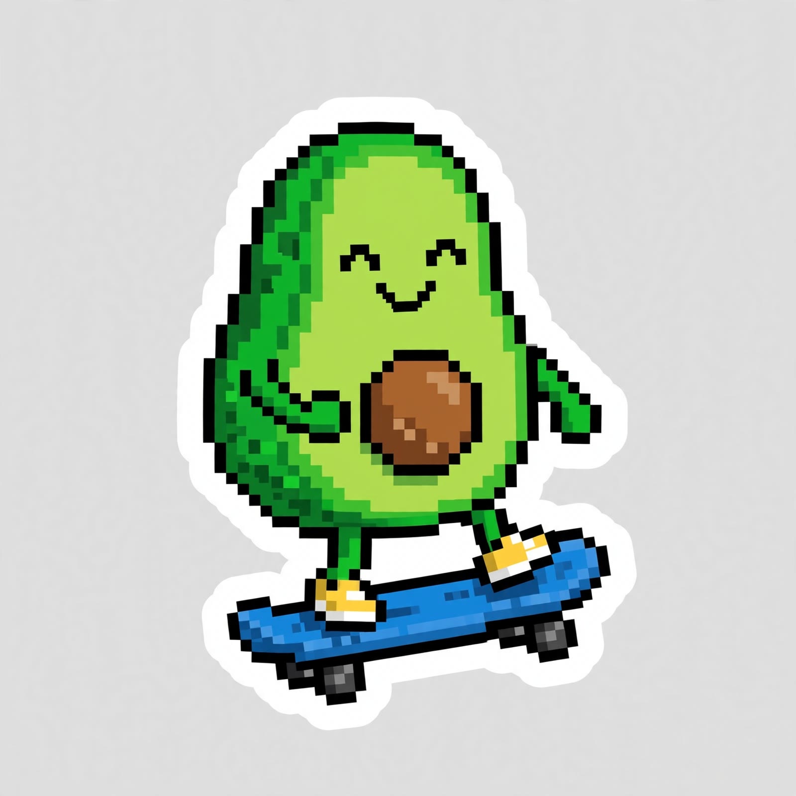 Pixel art sticker of a happy avocado riding a skateboard, with a thick white border