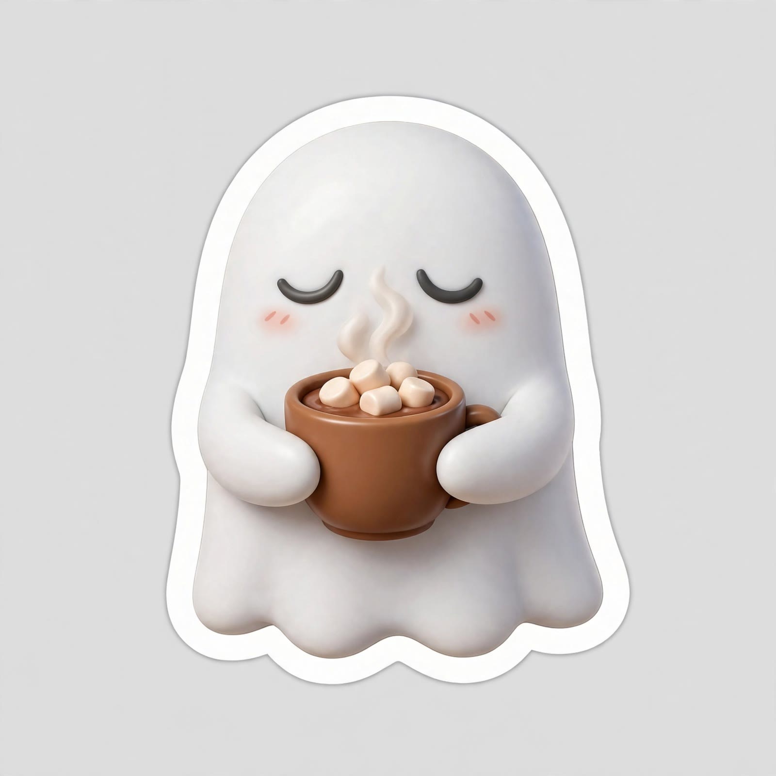 3D sticker of a sleepy ghost holding a cup of cocoa, with a thick white border