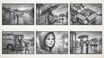 A six panel pencil storyboard: a rainy bus stop, a girl with an umbrella, a kitten in a box, her brother stepping off the bus, her smile, the two sharing the umbrella