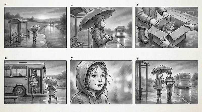 A six panel pencil storyboard: a rainy bus stop, a girl with an umbrella, a kitten in a box, her brother stepping off the bus, her smile, the two sharing the umbrella