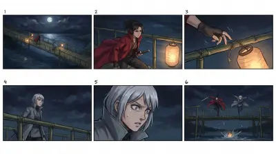 A six panel color anime storyboard of two swordswomen on a bamboo bridge at night and a lantern falling into the river