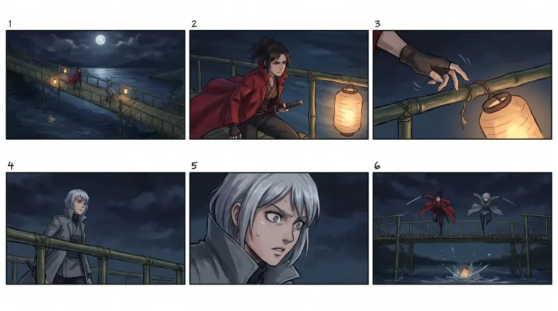 A six panel color anime storyboard of two swordswomen on a bamboo bridge at night and a lantern falling into the river