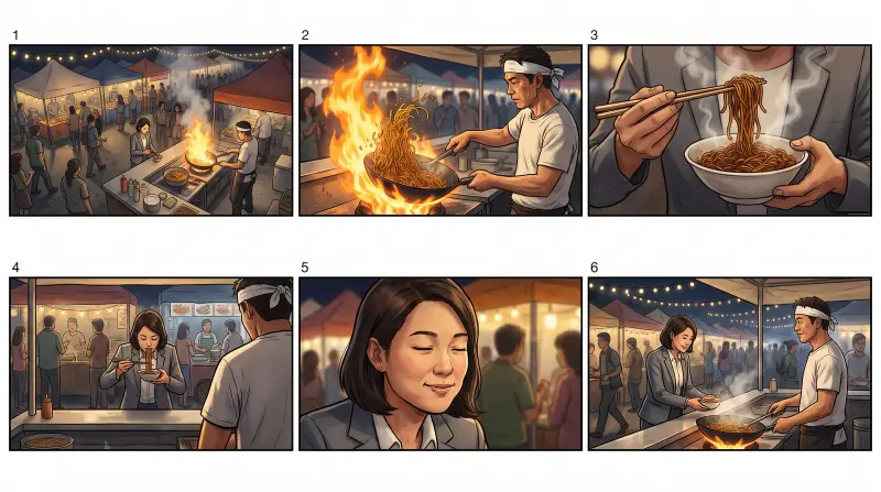 A six panel color storyboard of a night market chef flipping noodles and an office worker tasting them
