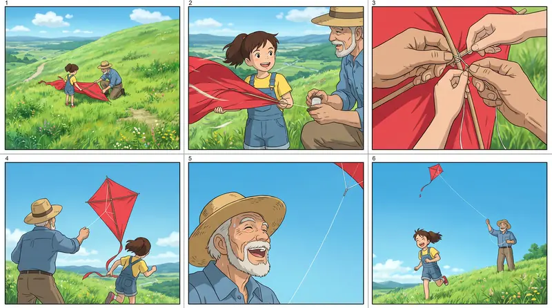 A six panel color anime storyboard of a girl and her grandfather launching a red kite on a sunny green hill