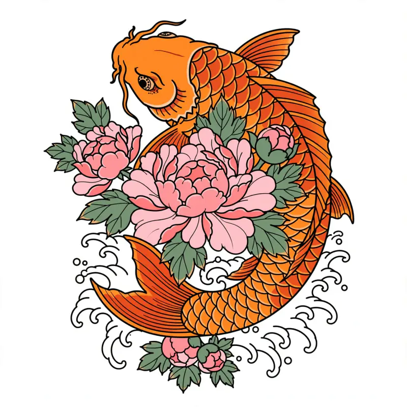 Japanese style tattoo design of a koi fish wrapped around pink peonies with waves